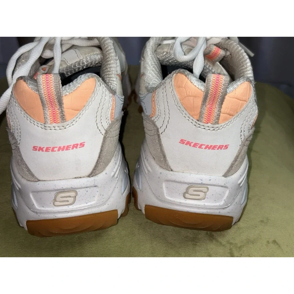 SKECHERS D'Lites Women's Memory Foam Sneaker White Peach Gray SN 149589
